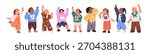Kids point up with hands, set. Happy children standing, looking upward, pointing with finger to sky. Cute boys and girls with amazed expressions. Flat vector illustration isolated on white background