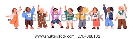 Kids point up with hands, set. Happy children standing, looking upward, pointing with finger to sky. Cute boys and girls with amazed expressions. Flat vector illustration isolated on white background