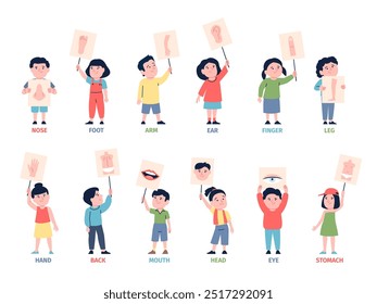 Kids pointing body parts. Little children holding placards with ear arm mouth head finger hand and other human part. Education recent vector characters