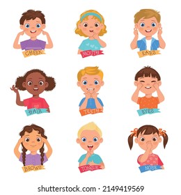 Kids pointing face part. Little funny children demonstrate different head organs. Educational pictures. Boys or girls touch cheeks and noses. People learn anatomy. Vector