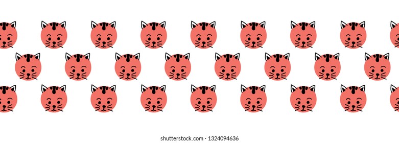 Kids polka dot cats seamless vector border. Cute kitty faces coral pink on white background. Geometric fun kids design. Use for fabric, kids decor, gift wrap, packaging, digital paper, cards, nursery