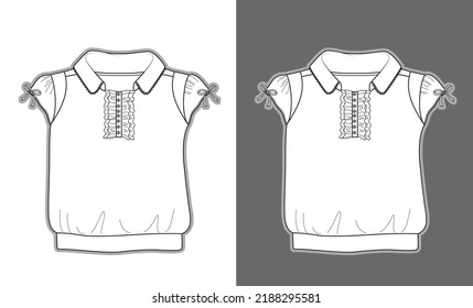 Kids Polo Shirt With Ribbons On Sleeves And Ruffle Details At Front Garment Sketch Fashion Template