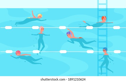 Kids In Pool. Child Swimming, Happy School Swim Lesson. Flat Sport Boy Girl, Children Competition Or Water Activity Utter Vector Illustration