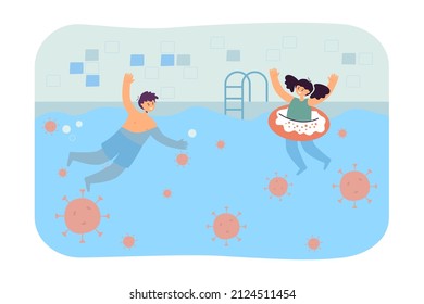 Kids in pool infected with bacteria flat vector illustration. Happy girl and boy swimming in polluted water. Contamination concept for banner, website design or landing web page