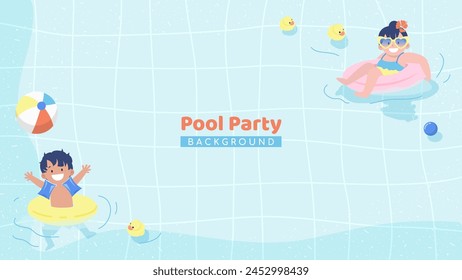 Ilustración vectorial de fondo de fiesta de piscina para niños. Niño y niña que se divierten en la piscina. Tema pastel