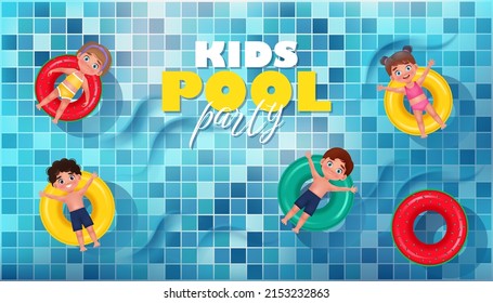 Banner de la Fiesta de la Piscina Infantil con niños felices nadando en el anillo de goma. Ilustración vectorial en estilo de caricatura 3D