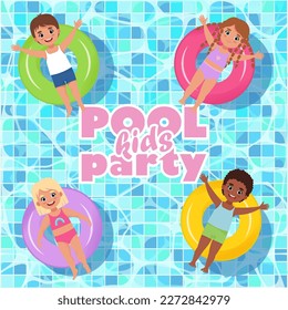 Kids Pool Party Post with happy children swimming on the rubber ring. Vector illustration in cartoon flat style