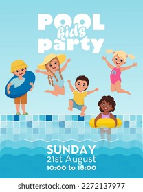 Kids Pool Party Poster. Children swimming in the pool. Vector illustration in cartoon flat style