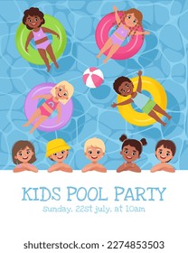 Kids Pool Party Poster. Children swimming in the pool on rubber rings. Vector illustration in cartoon flat style