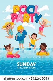 Afiche de la fiesta de la piscina infantil. Los niños nadan en la piscina. Ilustración del vector circular en estilo plano de caricatura