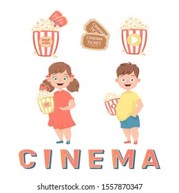 Kids with popcorn in cinema, watching a movie with popcorn, children with popcorn in their hands going to the cinema, tickets to the cinema. Cartoon vector Illustration. 