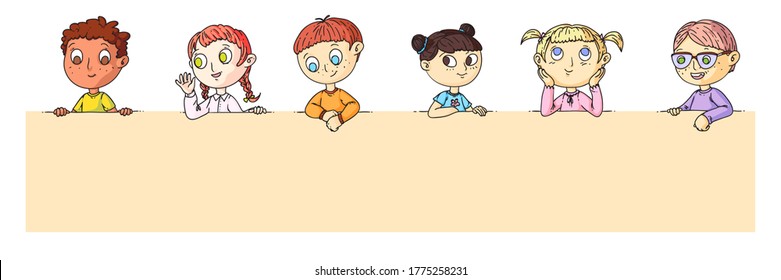 Kids portrait. Group of smart cartoon kids standing or sitting behind blank placard with place for advertisement or announcement. Scholar or preschool children portrait vector illustration.