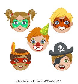 Kids Portraits With Animal Make Up Bright Color Cartoon Childish Style Flat Vector Drawings Isolated On White Background