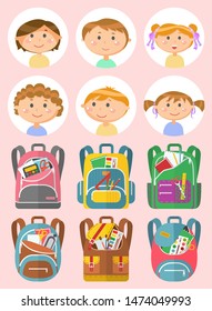 Kids portraits. Cute boys and girls cartoon characters. Backpack set full of stationery. Little children. Back to school concept vector illustration. Flat cartoon