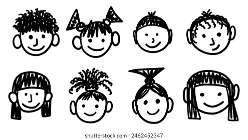 Kids portraits drawings set. Collection freehand baby drawn elements. Child funny human doodle faces. Hand drawing scribble. Vector illustration isolated on white background