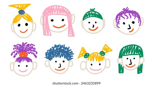 Conjunto de dibujos de retratos para niños. Colección a mano alzada Elementos dibujados de bebé. Caras de garabato humano divertido niño. Dibujo a mano garabato colorido. Ilustración vectorial aislada sobre fondo blanco