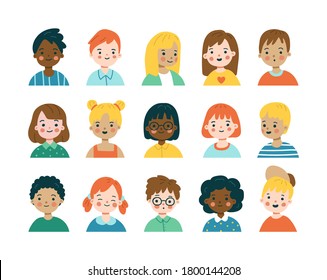 Kids portraits set. Vector illustration of cute children's faces in flat cartoon style. Collection of avatars. Elements are isolated.