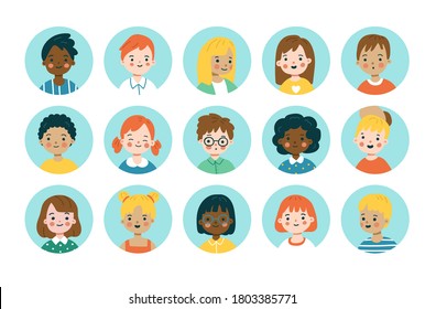 Kids portraits set. Vector illustration of cute children's faces in flat cartoon style. Collection of avatars. Elements are isolated.