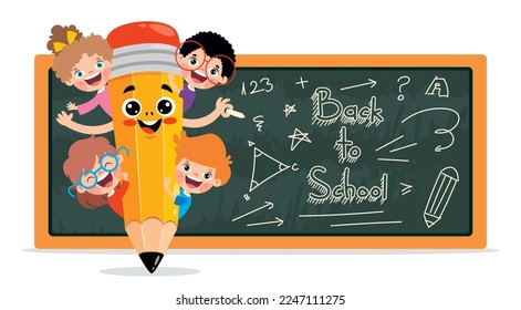 Kids Posing With Pencil Character