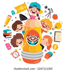 Kids Posing With Pencil Character