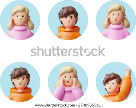 Kids positive and negative expression portrait vector set 3D plastic style. Cartoon brunette boy and blonde girl round frame avatar. Realistic sad and happy, angry and enjoy fun children characters