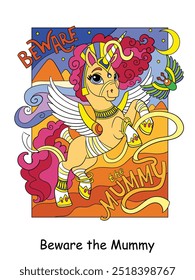 Kids postcard with Egyptian unicorn. Vector cartoon colorful isolated illustration. Halloween concept. Postcard for children. For book illustrations, education, print, game, decor, puzzle, design