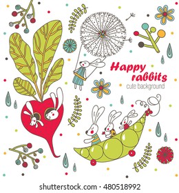 Kids postcard with funny rabbits. Vector illustration.