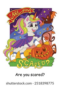 Kids postcard unicorn sorceress. Vector cartoon colorful isolated illustration. Halloween concept. Postcard for children. For book illustrations, education, print, game, decor, puzzle, design