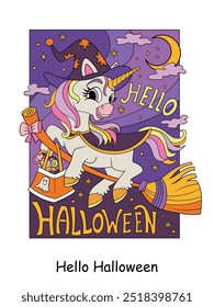 Kids postcard unicorn witch flying on a broom. Vector cartoon colorful isolated illustration. Halloween concept for children. For book illustration, stickers, print, game, postcards, puzzle, design