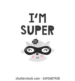 Kids poster with animal cat superhero and hand-drawing lettering. Baby nursery wall art. Vector illustration.