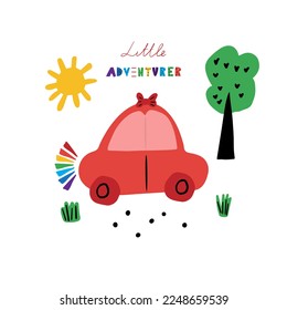 Kids poster with car off road and lettering Little adventure in cartoon style. Cute concept for children's print. Illustration for the design postcard, textiles, apparel. Vector