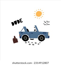 Kids poster with car off road and lettering Dude Jeep in cartoon style. Cute concept for children's print. Illustration for the design postcard, textiles, apparel, banner