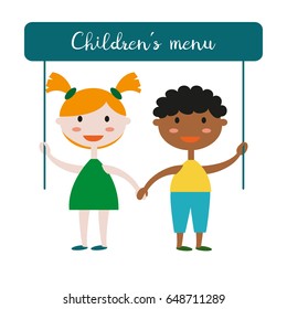 Kids with poster "Children's Menu" on white background. Vector illustration.  