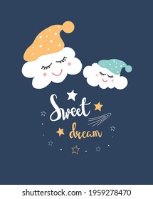 Kids poster cute characters. Kids print art. Cute clouds, dark background, stars, lettering sweet dream. Vector Illustration Postcard baby room wall art Kids room decor.