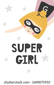 Kids poster with cute ginger flying girl superhero and hand drawn lettering. Baby nursery wall art. Vector illustration.