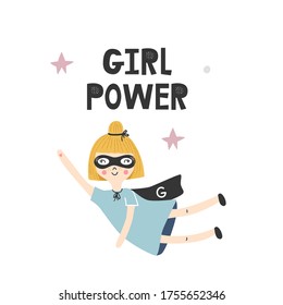 Kids poster with cute ginger flying girl superhero and hand drawn lettering. Baby nursery wall art. Vector illustration.