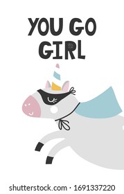 Kids poster with cute unicorn animal superhero and hand drawn lettering. Baby nursery wall art. Vector illustration.