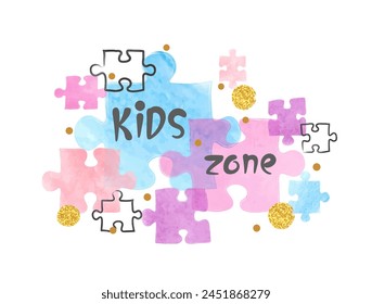 Diseño de póster para niños con piezas de rompecabezas de colores. Vector acuarela niños zona ilustración