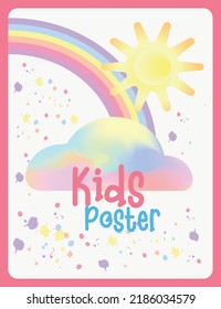 Afiche infantil, fiesta divertida, clases, campamento de verano, vector, colores arcoiris, gradiente, afiche atractivo, promoción, venta, clases particulares, tarjeta de invitación, fiesta de cumpleaños, tema unicornio