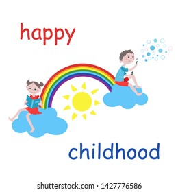 Kids poster. Happy children playing. Boy blowing bubbles and girl reading a book. Rainbow, sun and clouds.