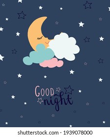 Kids poster moon and cloud, stars. Can be use for typography posters, cards, flyers, banners, baby wears. Dark blue, pink, white colors.Vector illustration