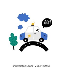 Kids poster with police car rolling on road and handwritten text Stop. Cute cartoon baby boy poster with car in cartoon style. Vector print for fabric, textile, postcard, apparel or kids room