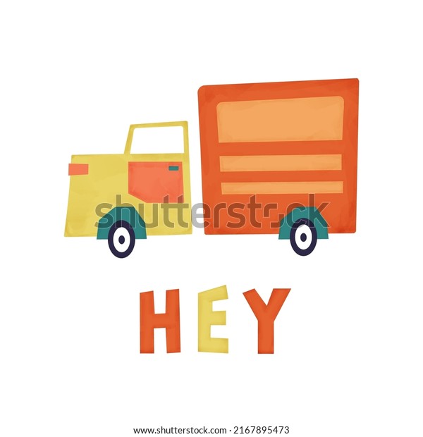 kids poster print postcard cartoon truck with\
watercolor elements