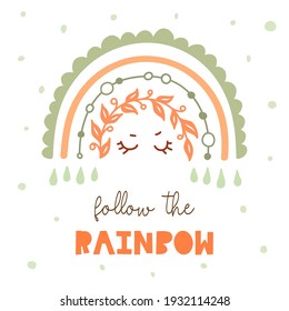 Kids poster with rainbow, drops and quote follow the rainbow. Cute pastel baby print for nursery. Vector card design. Spring childish postcard in scandinavian style.