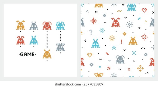 Kids Poster and Seamless Pattern of Retro Pixel Video Game Abstract Aliens Characters. Funny Space Monsters in Pixel Art Style. Old School Arcade Game Computer Graphic Design. Vector illustration