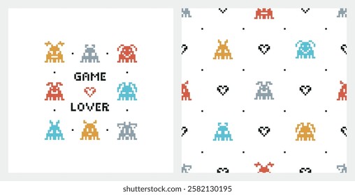 Kids Poster and Seamless Pattern of Retro Pixel Video Game Abstract Aliens Characters and Hearts. Funny Space Monsters in Pixel Art Style. Old School Arcade Game Computer Graphic Design. Vector