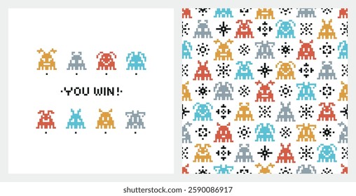 Kids Poster and Seamless Pattern of Retro Pixel Video Game Abstract Aliens Characters. Funny Space Monsters in Pixel Art Style. Old School Arcade Game Computer Graphic Design. Vector illustration