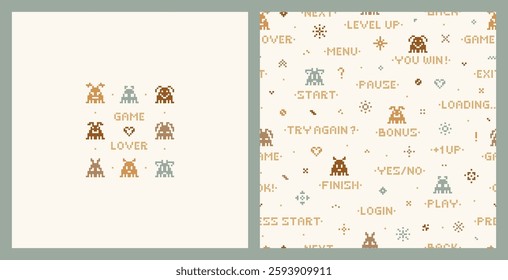 Kids Poster and Seamless Pattern of Retro Pixel Video Game Abstract Aliens Characters. Funny Space Monsters in Pixel Art Style. Old School Arcade Game Computer Graphic Design