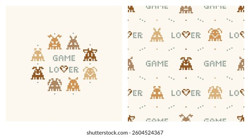 Kids Poster and Seamless Pattern of Retro Pixel Video Game Abstract Aliens Characters. Funny Space Monsters in Pixel Art Style. Old School Arcade Game Computer Graphic Design. Vector illustration