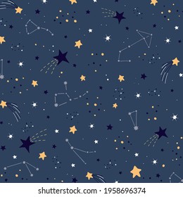 Kids poster stars, dark night sky, meteorite,constellations.Good night. Vector illustration dark blue, white, yellow colour. Doodle style. Design of clothing, bed linen.